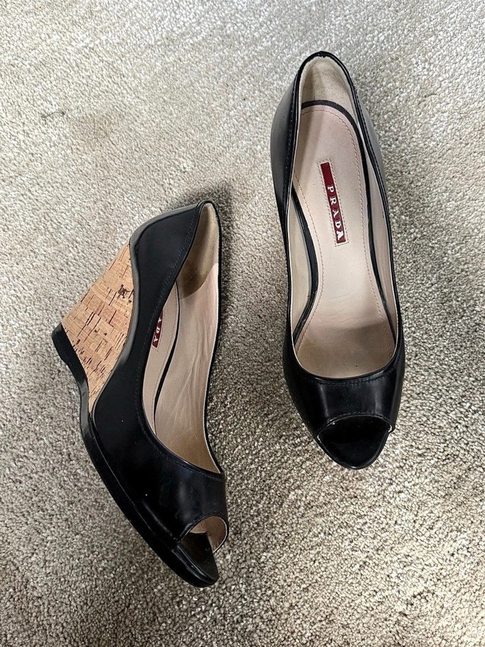Prada Black Cork Wedge Peep Toe Heels